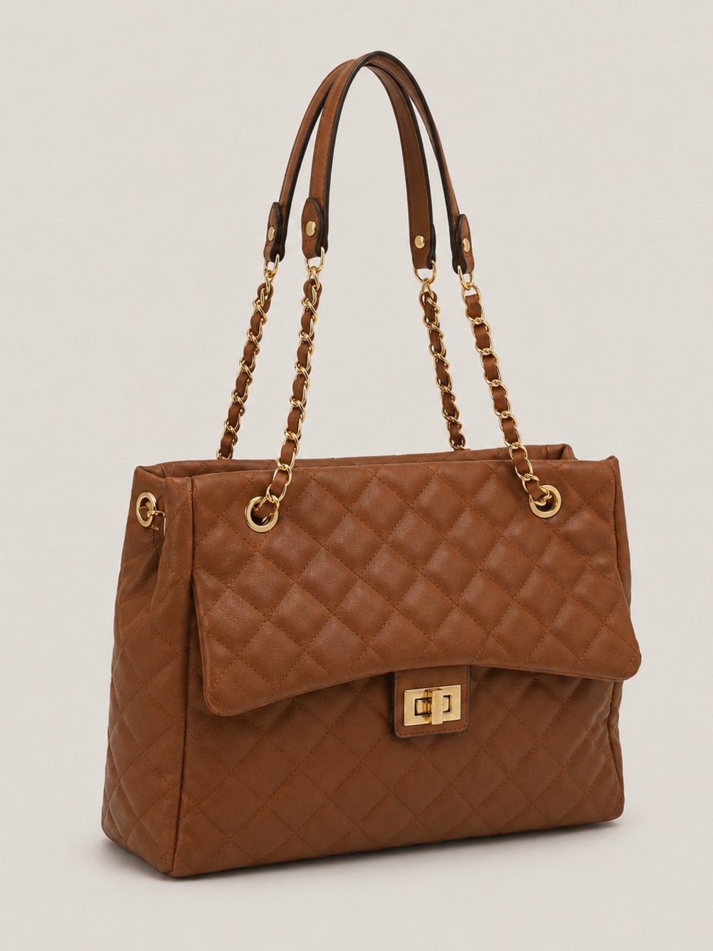 Quilted Brown Shoulder Tote with Gold Chain Handles